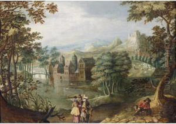 A Wooded Landscape With Two 
Cavaliers And A Lady Conversing Before A Lake, A Peasant To The Right Oil Painting by Anton Mirou