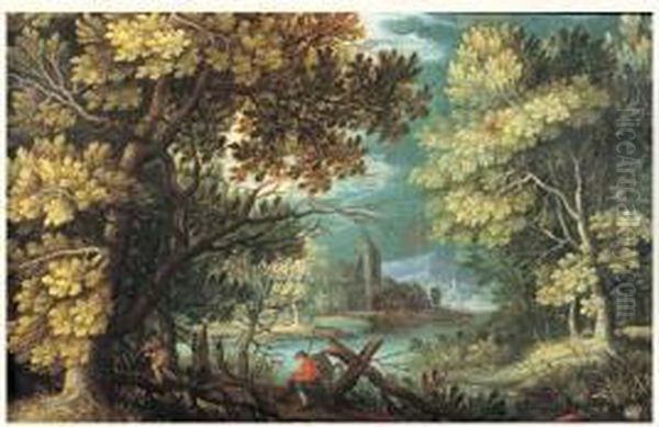 Paysage De Riviere Avec Des Bucherons Oil Painting by Anton Mirou