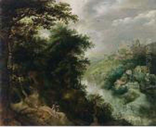 An Extensive Wooded River 
Landscape With A Huntsman And His Dogs On A Path, A Village Beyond Oil Painting by Anton Mirou