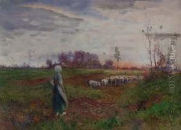 Shepherdess At Dusk Oil Painting by Hutton Mitchell