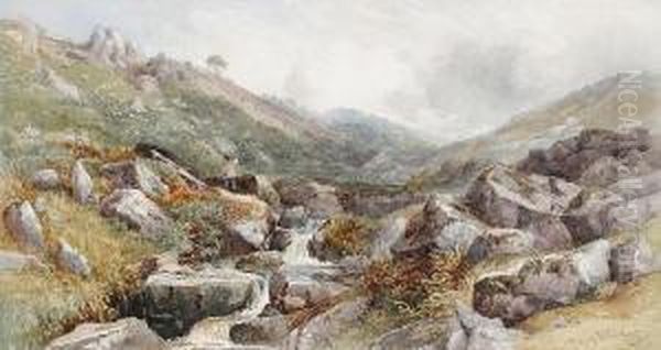 A Boy Fishing A Moorland Stream Oil Painting by Philip Mitchell