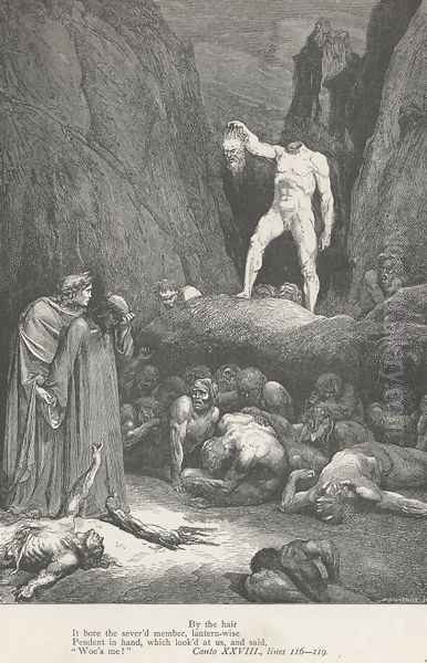 By the hair It bore the sever'd member, lantern-wise (Canto XXVIII., lines 116-117) Oil Painting by Gustave Dore