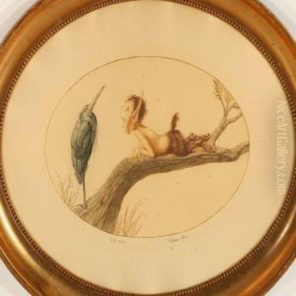Young Faun And Crane On Abough Oil Painting by Louis Moe