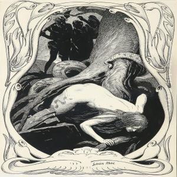 Illustration With A Woman-snake Hunted By Two Men Oil Painting by Louis Moe