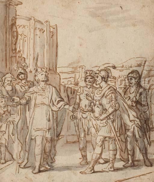 Un Roi Renverse Une Coupe De 
Vin, Alors Qu'un Chef Militaire, Accompagne De Soldats, Lui Presente Un 
Vase Oil Painting by Claes Cornelisz Moeyaert