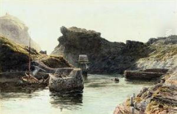 Fishing Boat Being Rowed Into Harbour In A Rocky Coastalinlet Oil Painting by John Mogford