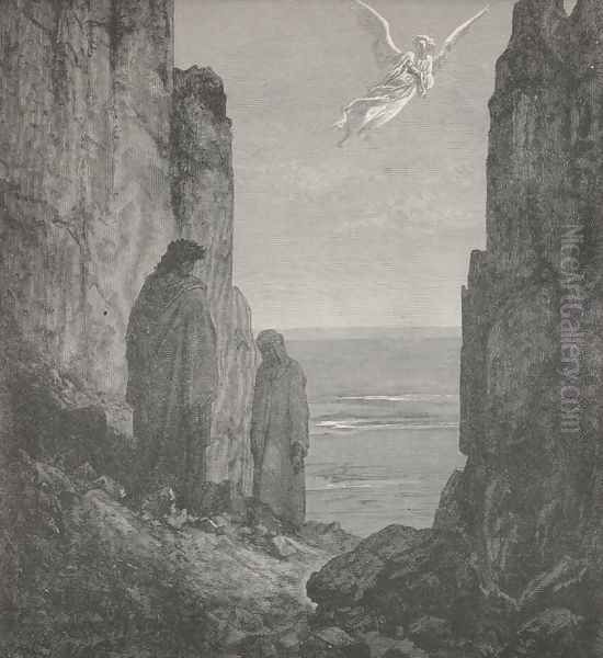 while th' angelic shape A little over us his station took. (Canto XIX., lines 56-57) Oil Painting by Gustave Dore