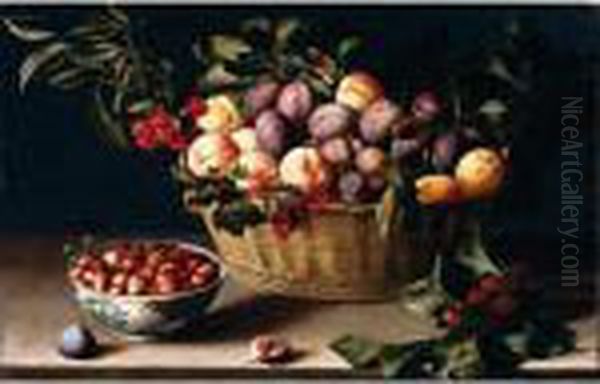 Still Life With A Basket Of Plums, Peaches, Cherries And Redcurrants, Together With Oil Painting by Louise Moillon