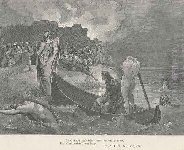 I could not hear what terms he offer'd them, (Canto VIII., line 110) Oil Painting by Gustave Dore