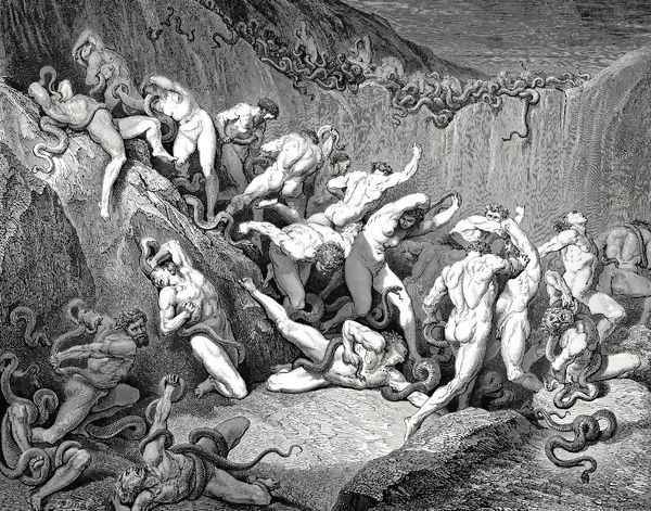 The Inferno, Canto 24, lines 89-92: Amid this dread exuberance of woe Ran naked spirits wing'd with horrid fear, Nor hope had they of crevice where to hide, Or heliotrope to charm them out of view. Oil Painting by Gustave Dore