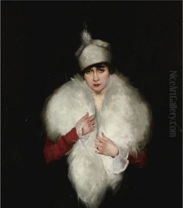 Woman In White Fur Wrap Oil Painting by Maurice, Morris Molarsky