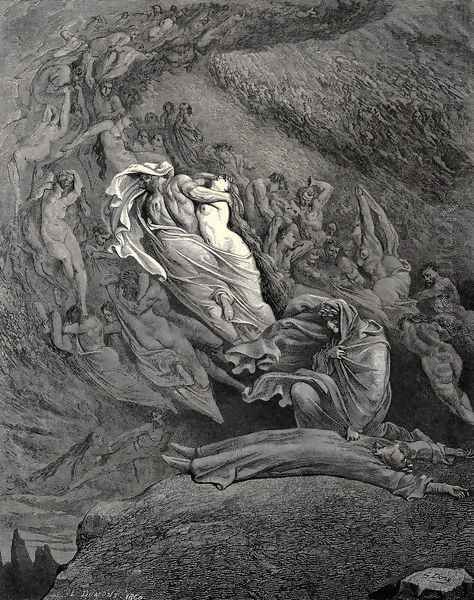 The Inferno, Canto 5, lines 137-138: I through compassion fainting, seem'd not far From death, and like a corpse fell to the ground. Oil Painting by Gustave Dore