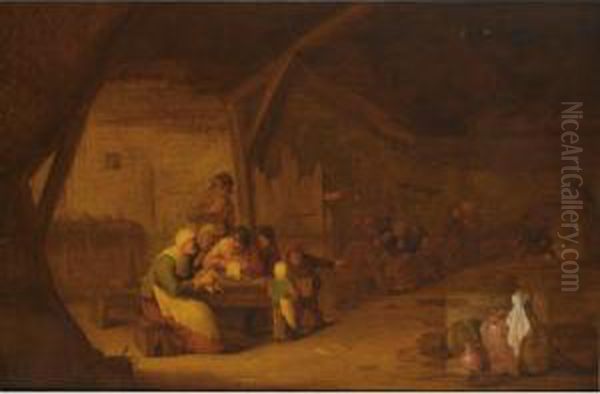 An Interior Of An Inn With 
Peasants Singing At A Table, A Still Life Of Earthenware Jugs, Baskets, A
 Bucket And A Broom To The Right Foreground Oil Painting by Bartholomeus Molenaer