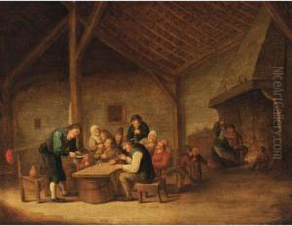 An Interior Of An Inn With 
Peasants Sitting Around A Table Drinking And Playing Dice, And Figures 
Near A Fireplace In The Background Oil Painting by Bartholomeus Molenaer