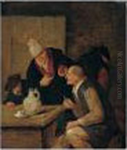 Peasants Smoking And Drinking In An Interior Oil Painting by Jan Miense Molenaer