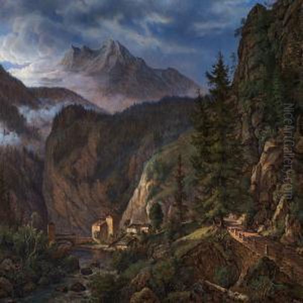 Landeck Castle On The River Inn Oil Painting by I. P. Moller