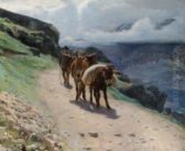 A Farmer Driving His Donkeys Along A Mountain Road Oil Painting by Robert Charles Gustave Laurens Mols