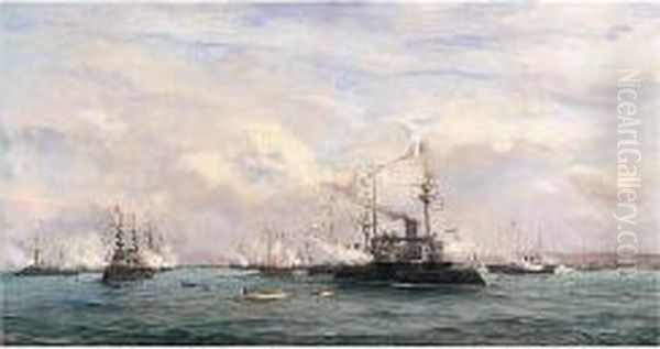 The Russian Fleet Leaving La Rochelle Oil Painting by Robert Charles Gustave Laurens Mols