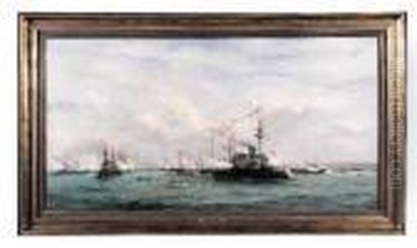 L'escadre Francaise Dans La Rade De Cherbourg Lors De La Venue Du
 Tsar Nicolas Ii Le 5 Octobre 1896 Oil Painting by Robert Charles Gustave Laurens Mols