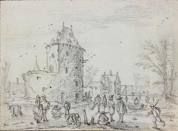 Paysage Anime : Patineurs En Hiver Oil Painting by Pieter De Molijn