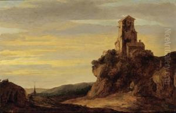 Landscape With Figures Walking 
On A Path Towards A Ruin On A Hill A Church 
Tower In The Background Oil Painting by Pieter De Molijn