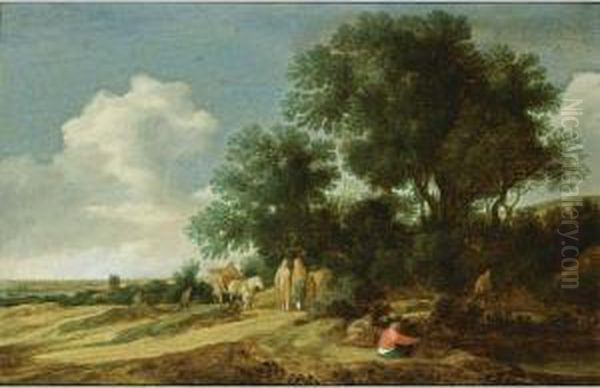 An Extensive Dune Landscape With
 Travellers And Horse-drawn Wagon On A Path, With A Village In The 
Background Oil Painting by Pieter De Molijn