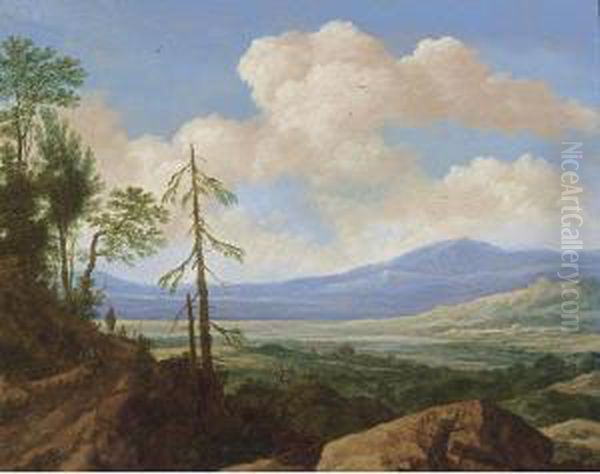 A Panoramic Hilly Landscape With
 A Traveller Resting On A Path Near Trees, A Valley With A Town And 
Mountains Beyond Oil Painting by Pieter De Molijn
