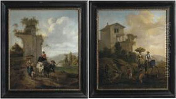 An Italianate Landscape With 
Village Women Travelling To Market With A Donkey; And An Italianate 
Landscape With Villagers And An Ox-cart Oil Painting by Hendrick Mommers