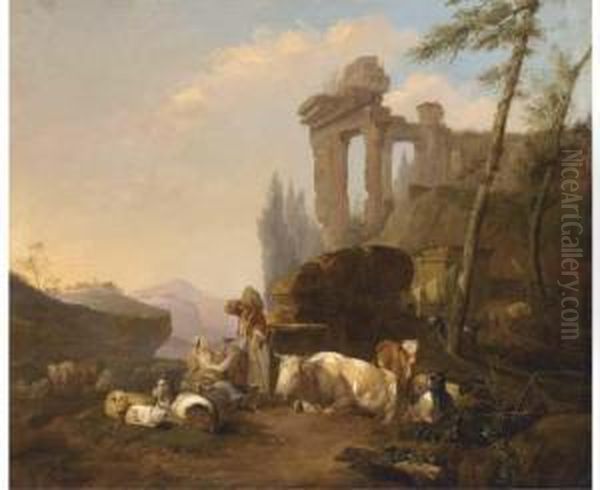 A Classical Landscape With A 
Herdsman And His Family Resting By Afountain With Their Cattle And Goats Oil Painting by Hendrick Mommers