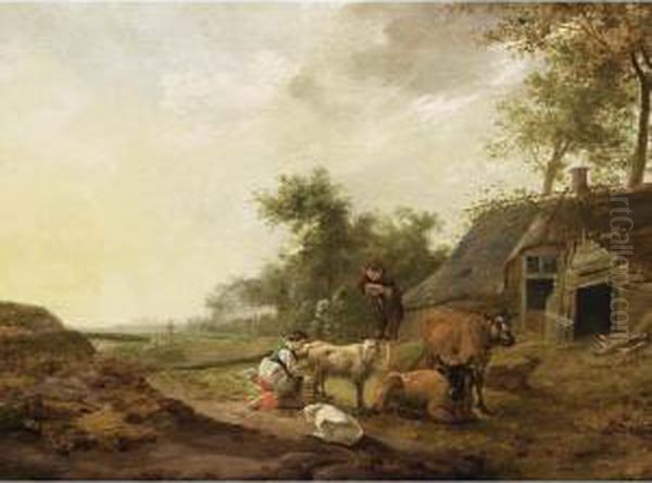 A Landscape With A Maid Milking A
 Sheep, A Shepherd Watching With Sheep And Cows, A Farm Nearby Oil Painting by Hendrick Mommers