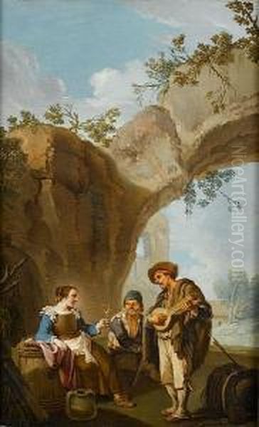 A Young Woman Holding A Glass Of
 Wine With Twocompanions Making Music Before A Stone Arch; And A Young 
Peasantwoman With Her Child And Other Peasants Seated At The Foot Of 
Atree Oil Painting by Paolo Monaldi