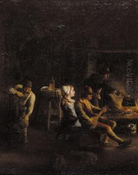 Kitchen Interior With Peasants 
Sitting Round A Fire Drinking And Playing Music Oil Painting by Paolo Monaldi