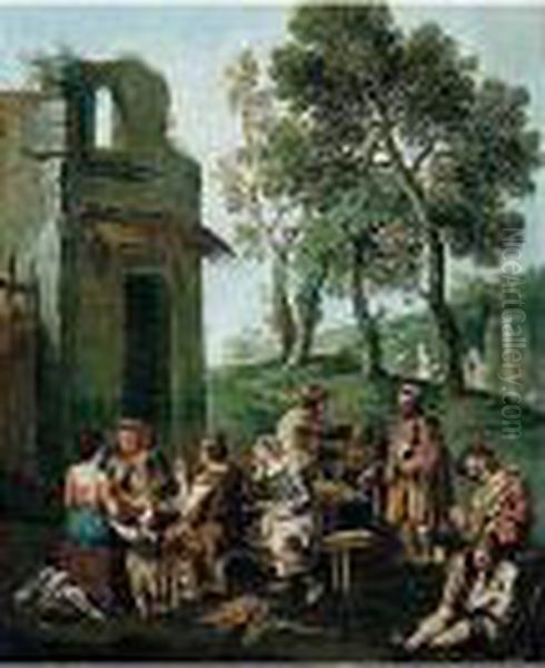 A Landscape With Peasants And 
Beggars Drinking, Smoking, And Singing, Washer-women In The Distance Oil Painting by Paolo Monaldi