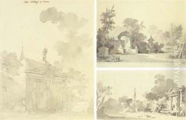 La Porte De Werf, Anvers; Un 
Jardin Avec Un Portail Et Un Pontchinois; Et Un Jardin Avec Des 
Monuments Classiques Oil Painting by Antoine Pierre Mongin