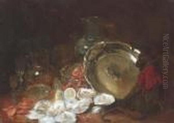 A Monkey Sitting By A Salver, 
Oysters And Shrimps, A Lemon, Variousglass Vessels And Plates On A Table Oil Painting by Charles Monginot