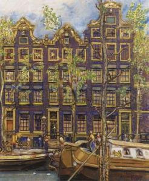 Grachtenhuizen Aan De Prinsengracht Oil Painting by Martin Monnickendam