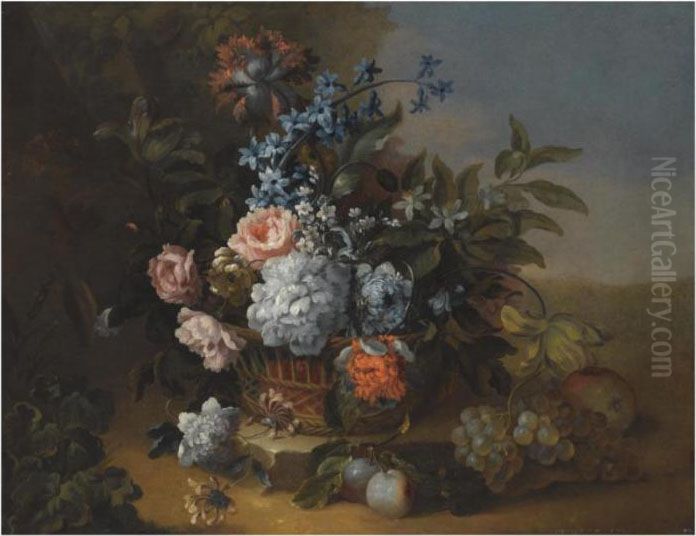 A Still Life With Carnations, 
Roses And Morning Glory In A Basket Over A Stone Ledge, Beside Grapes, 
Plums And An Apple Oil Painting by Antoine (Baptiste M.) Monnoyer