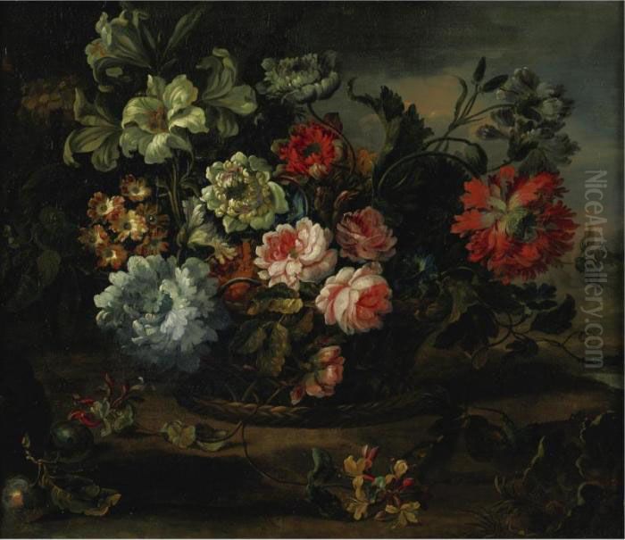 Still Life With Flowers In A Basket Resting On A Ledge Oil Painting by Antoine (Baptiste M.) Monnoyer