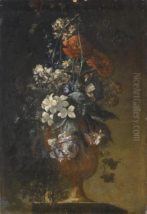 Vaso Di Anemoni E Giacinti Su Un Piano Di Pietra Oil Painting by Antoine (Baptiste M.) Monnoyer