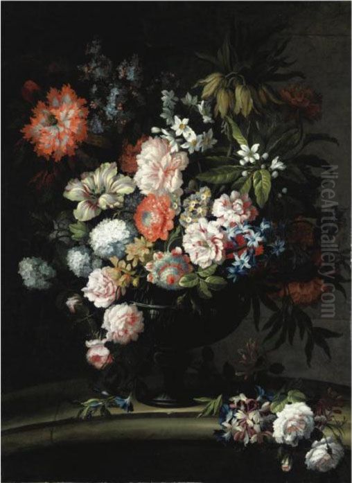 Natura Morta Con Rose Centifolia, Peonie, Anemoni, Lilla E Papaveroin Un Vaso Oil Painting by Antoine (Baptiste M.) Monnoyer