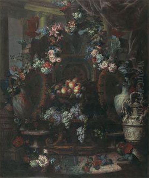 Nature Morte De Pieces D'orfevreries, Plats De Raisin Et Peches, Guirlandes De Fleurs Oil Painting by Antoine (Baptiste M.) Monnoyer