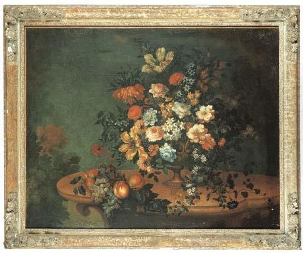 Fleurs Dans Un Vase En Metal Et Fruits Sur Une Console Enpierre Oil Painting by Antoine (Baptiste M.) Monnoyer