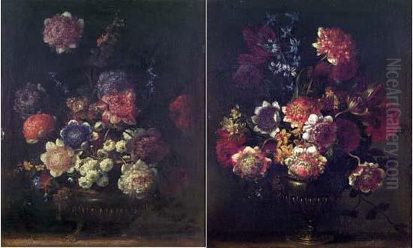 Bouquets De Fleurs Dans Des Vases En Bronze Oil Painting by Antoine (Baptiste M.) Monnoyer