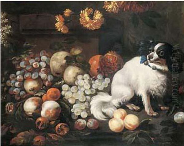 Nature Morte De Raisins Peches Et Chien Oil Painting by Antoine (Baptiste M.) Monnoyer
