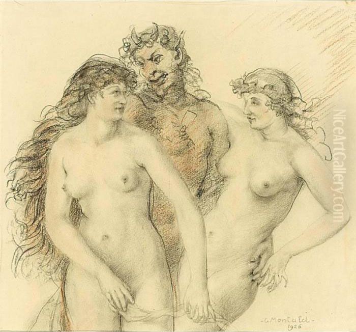Faune Entoure Des Femmes Oil Painting by Constant Montald