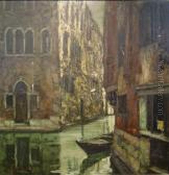 A Gondola Moored Beneath A Palazzo In A Side Canal, Venice Oil Painting by Carlo Montani