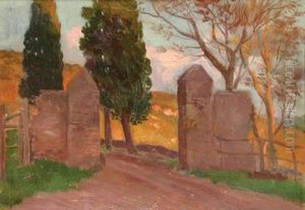 Ingresso Di Casale Con
Cipressi Oil Painting by Carlo Montani