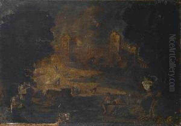 An Italianate Landscape With 
Boys Fishing And Monks Reading In The Foreground, A Waterfall And Town 
Beyond Oil Painting by Pietro Montanini