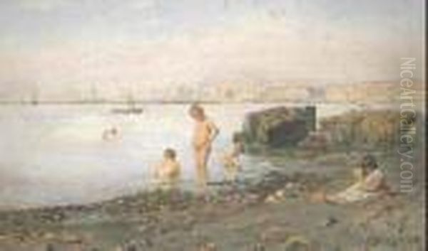 Bimbi Sulla Spiaggia Sullo 
Sfondo Di Napoli Oil Painting by Edoardo Monteforte