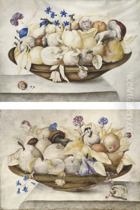 Still Life With Oranges, Lemons,
 Figs, Mushrooms, Roses And Carnations In A Brass Dish, A Parrot Eating A
 Cherry Below; And Still Life With Pears, Oranges, Plums, Mushrooms And 
Carnations In A Brass Dish, A Guinea Pig Holding Flowers In His Mouth 
 Oil Painting by Octavianus Montfort